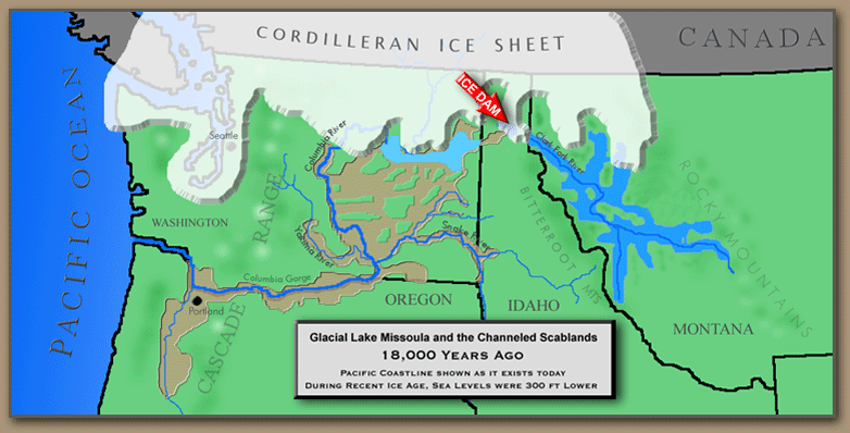 Map showing Glacial Lake Missoula and the Ice Age Floods Region.