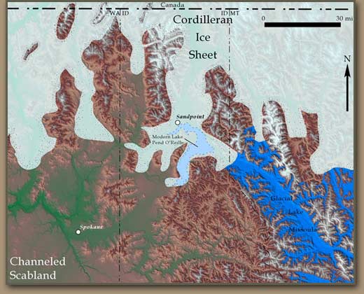 Bruce Bjornstad's map shows ice dam that blocked flow of Clark Fork River near the end of the most recent Ice Age.