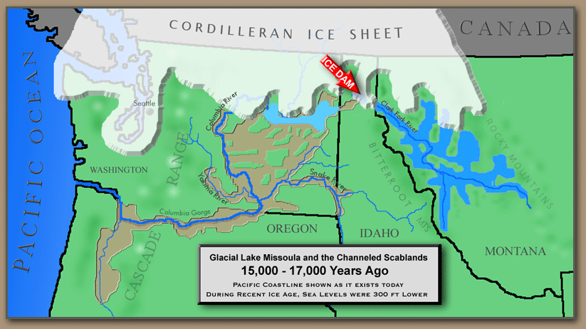 Glacial Lake Missoula Map showing path of the Ice Age Floods.