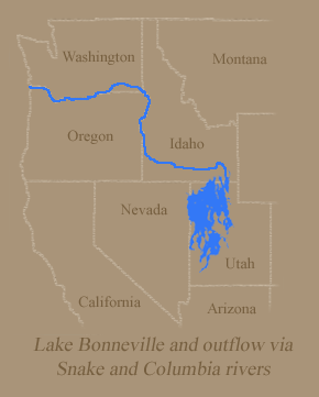 Lake Bonneville and path of the Bonneville Flood.